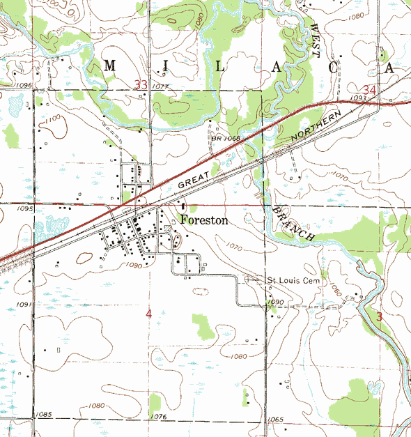 Topographic map of the Foreston Minnesota area