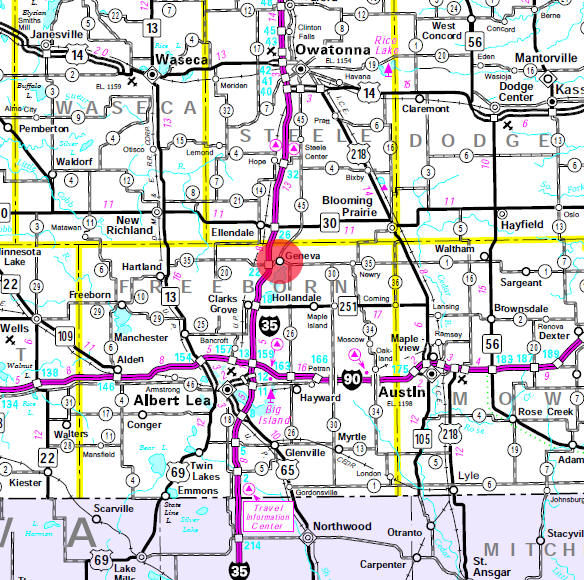 Minnesota State Highway Map of the Geneva Minnesota area