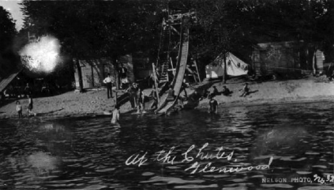 Swimming beach and water slide at Glenwood Minnesota, 1905