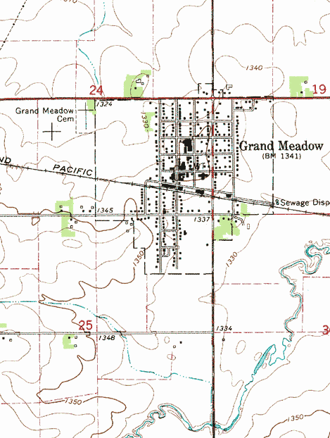 Topographic map of the Grand Meadow Minnesota area