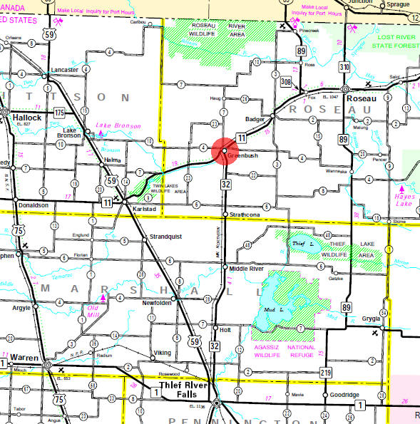 Minnesota State Highway Map of the Greenbush Minnesota area