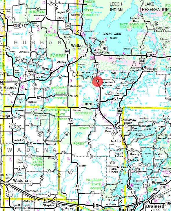 Minnesota State Highway Map of the Hackensack Minnesota area