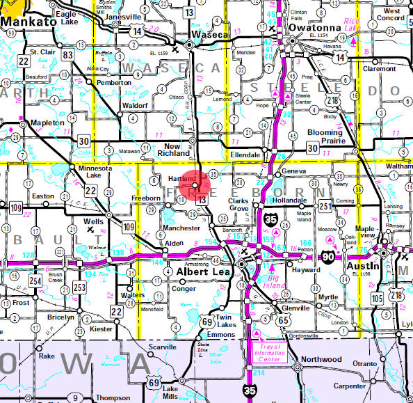 Minnesota State Highway Map of the Hartland Minnesota area