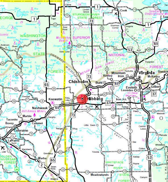Minnesota State Highway Map of the Hibbing Minnesota area