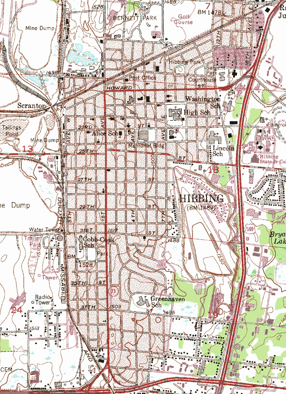 Topographic map of the Hibbing Minnesota area