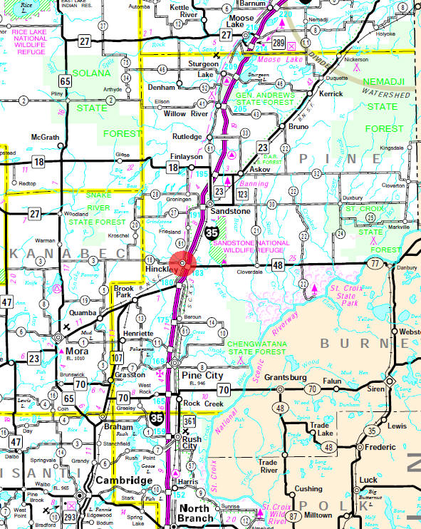 Minnesota State Highway Map of the Hinckley Minnesota area