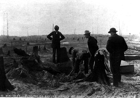 Search party finds an entire family in the ruins, Hinckley fire, 1894
