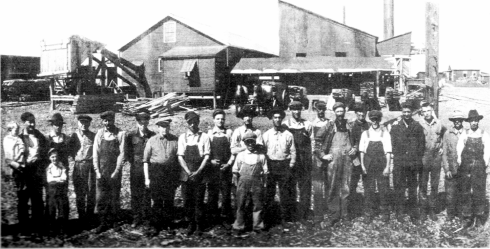 A group of- workers are pictured at the Rathborne. Hair & Ridgeway box mill in Zemple. 