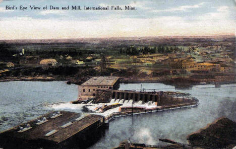 Birds eye view of Dam and Mill, International Falls Minnesota, 1908