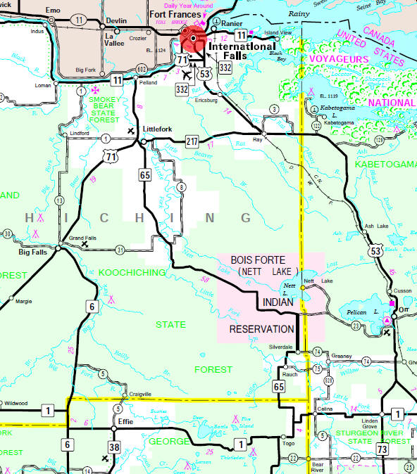 Minnesota State Highway Map of the International Falls Minnesota area