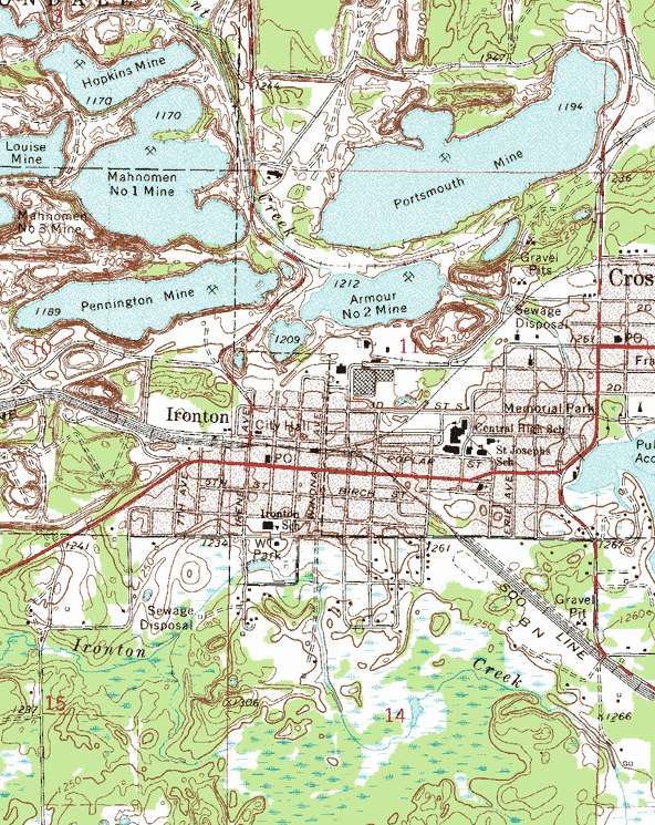 Topographic map of the Ironton Minnesota area