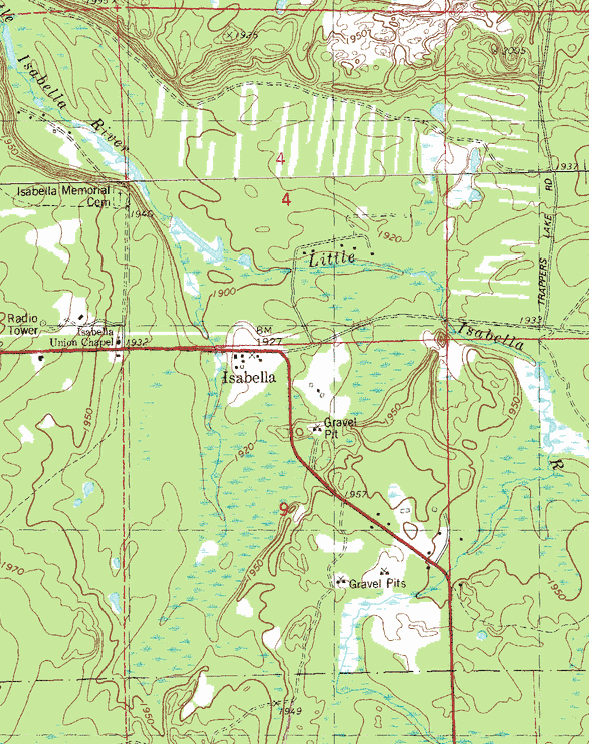 Topographic map of the Isabella Minnesota area