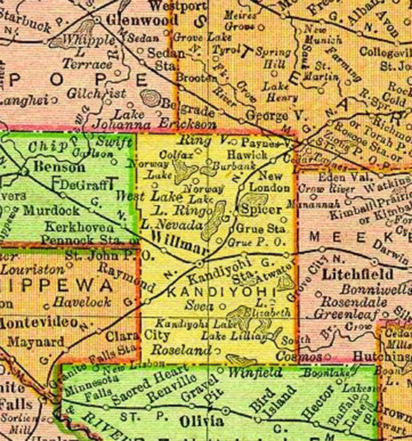 1895 Map of Kandiyohi County Minnesota