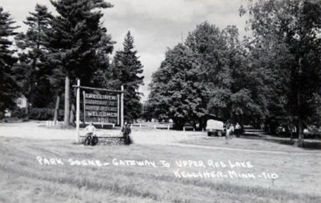 Park scene and Welcome sign, Kelliher Minnesota, 1940's?