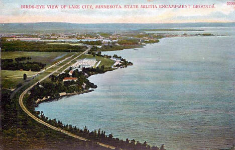 Birds eye view of the State Militia encampment and Lake City Minnesota, 1909