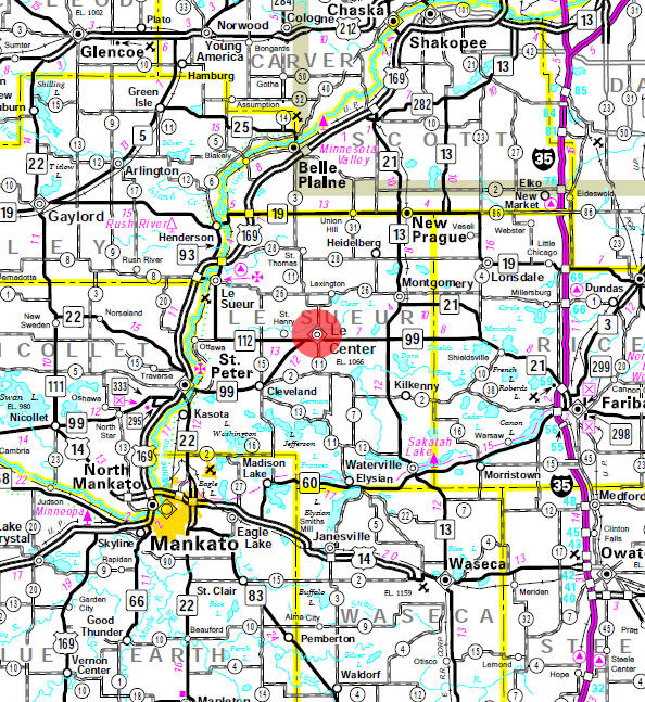 Minnesota State Highway Map of the Le Center Minnesota area