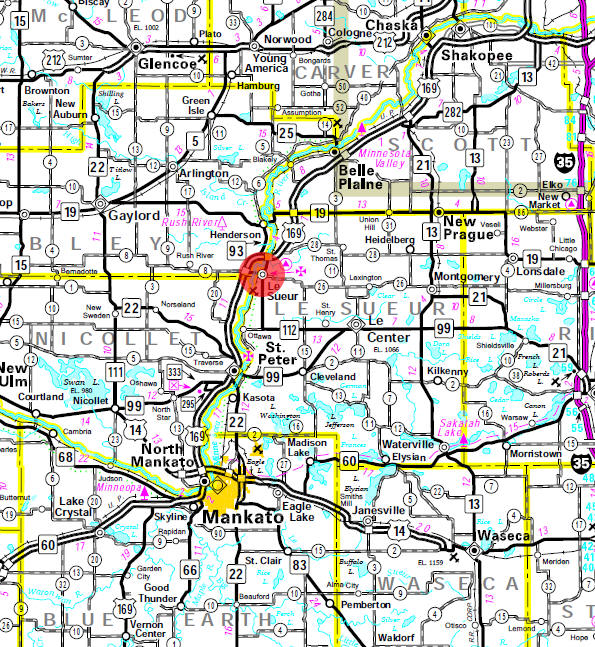 Minnesota State Highway Map of the Le Sueur Minnesota area