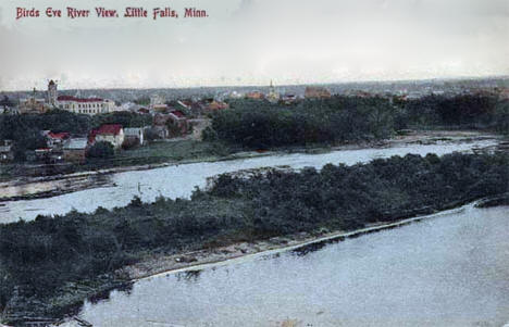 Birds-eye view of the river and Little Falls Minnesota, 1905