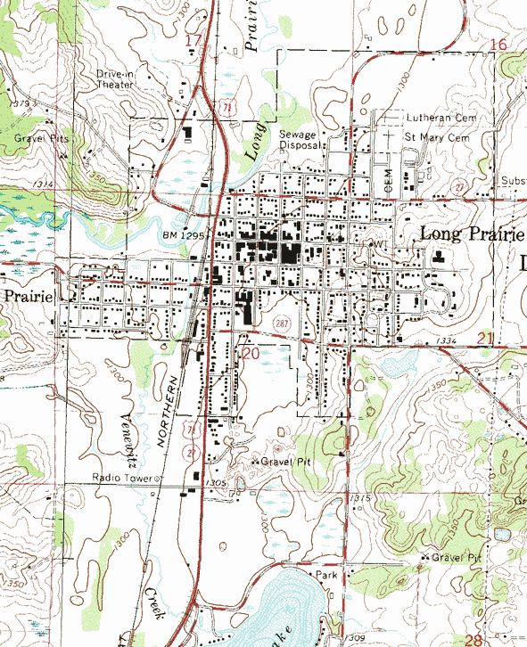 Topographic map of the Long Prairie Minnesota area