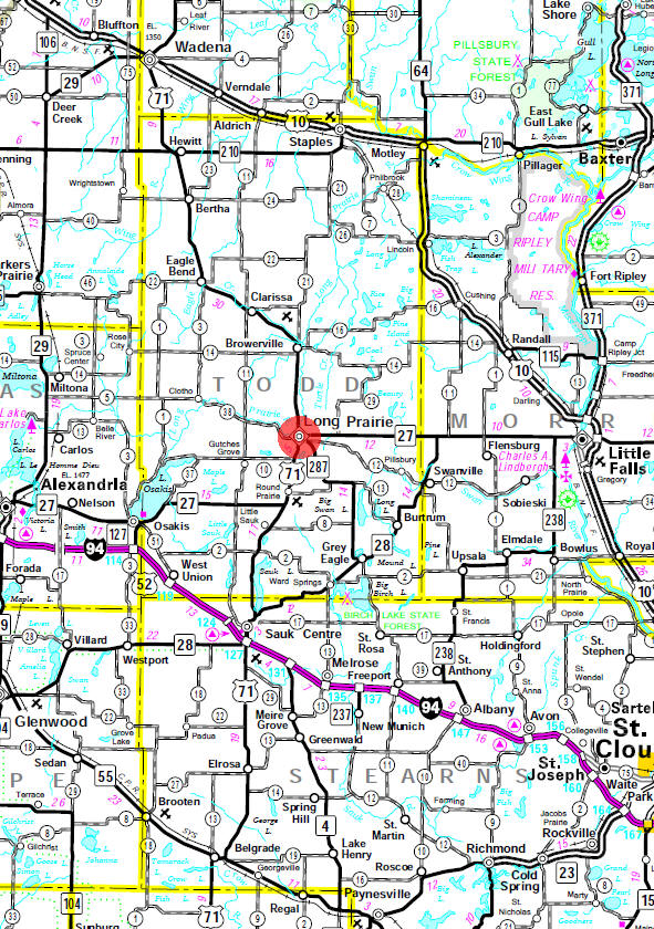 Minnesota State Highway Map of the Long Prairie Minnesota area