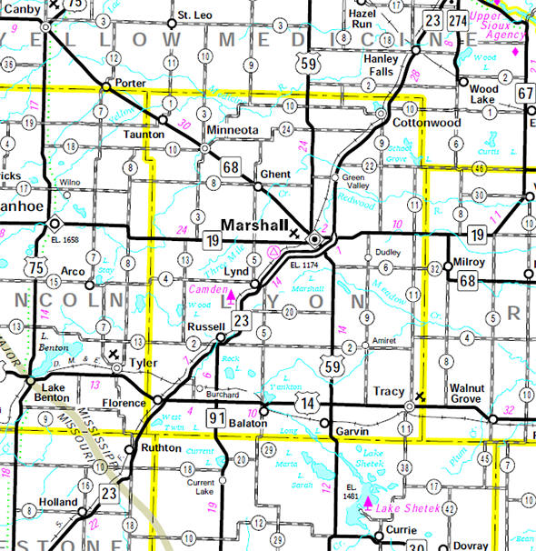 Minnesota State Highway Map of the Lyon County Minnesota area