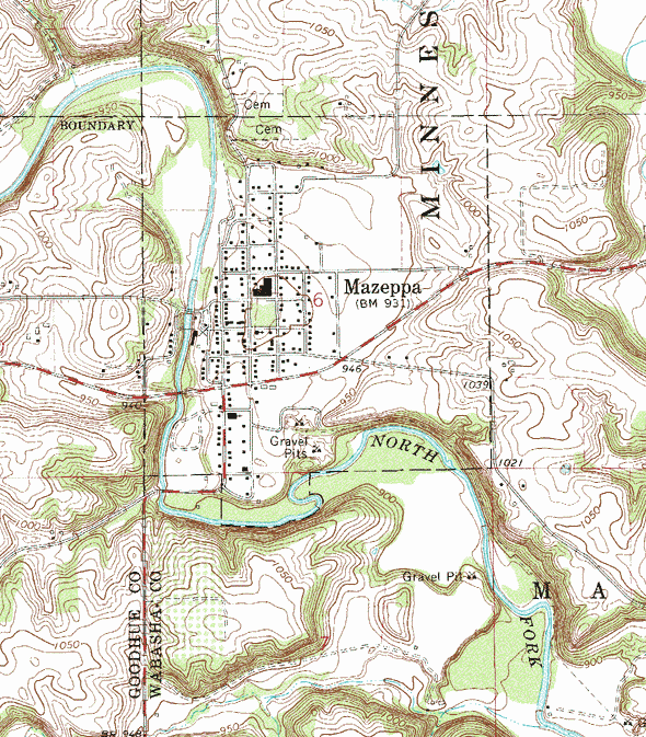 Topographic map of the Mazeppa Minnesota area