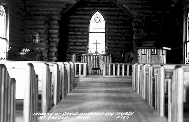 Interior of Grace Lutheran Log Church near McGregor Minnesota, 1940