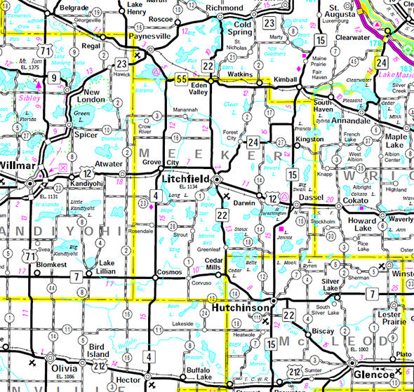 Minnesota State Highway Map of the Meeker County Minnesota area
