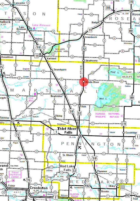 Minnesota State Highway Map of the Middle River Minnesota area