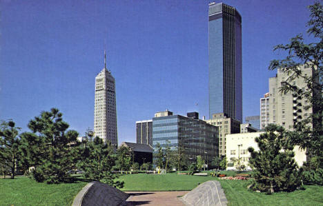 Minneapolis Skyline showing IDS Center and Foshay Tower, 1970's