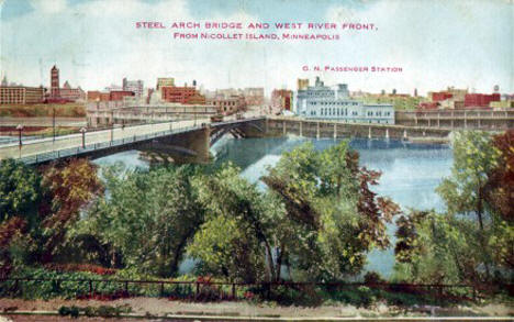 Steel Arch Bridge and West River Front from Nicollet Island, 1910's?