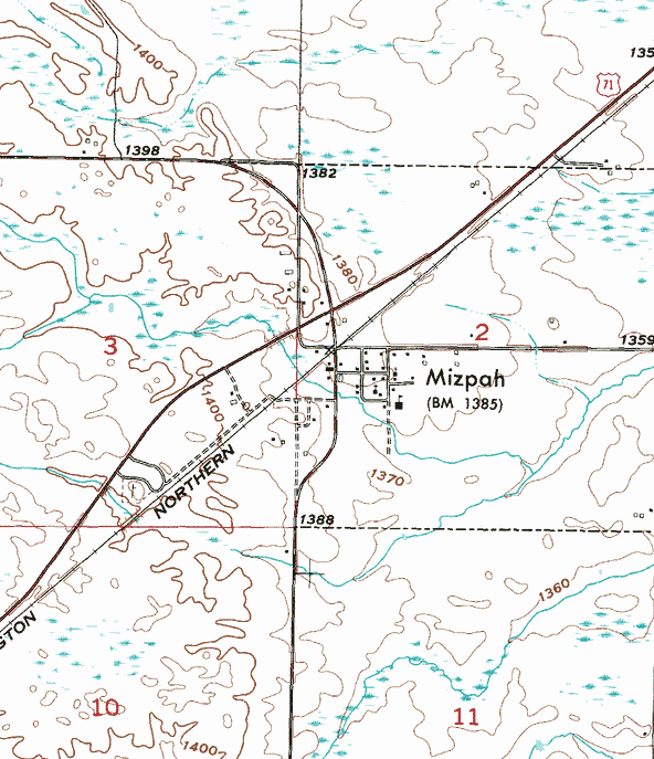 Topographic map of the Mizpah Minnesota area