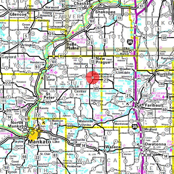 Minnesota State Highway Map of the Montgomery Minnesota area