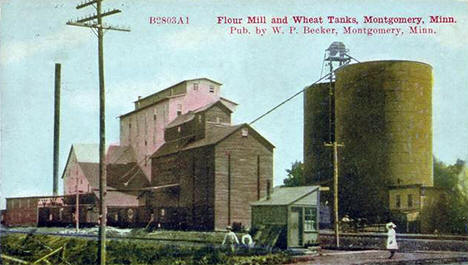 Commander Milling Company flour mill and wheat tanks, Montgomery Minnesota, 1910