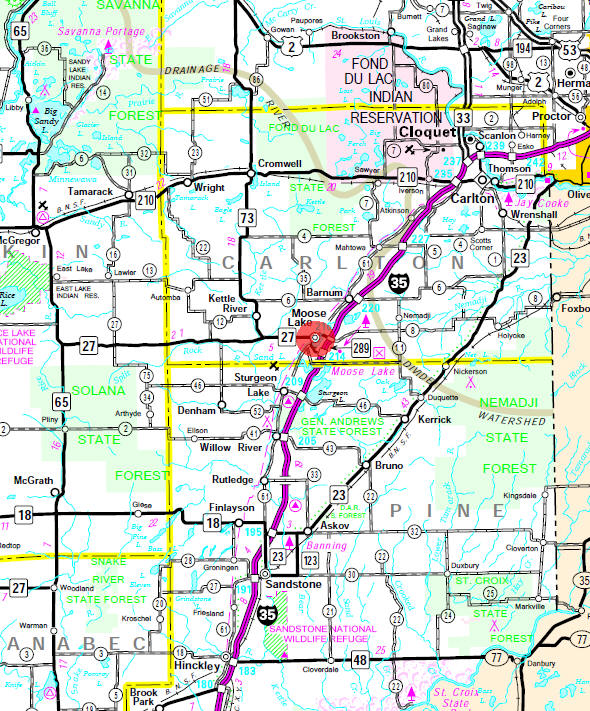 Minnesota State Highway Map of the Moose Lake Minnesota area