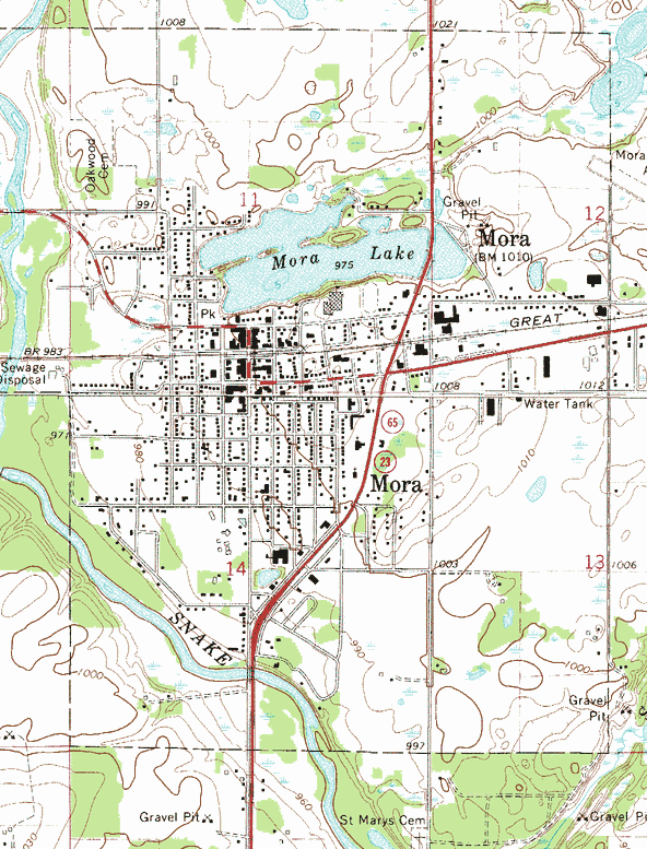 Topographic map of the Mora Minnesota area