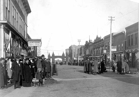 Main Street in Morris is thronged with visitors attending the corn and alfalfa exposition, Morris Minnesota, 1915