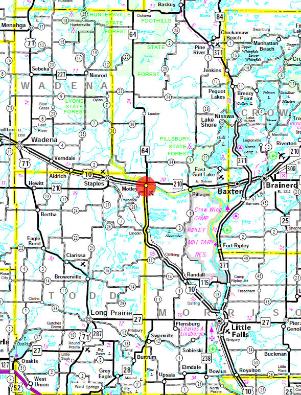 Minnesota State Highway Map of the Motley Minnesota area