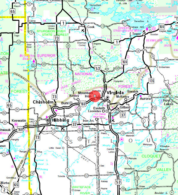 Minnesota State Highway Map of the Mountain Iron Minnesota area