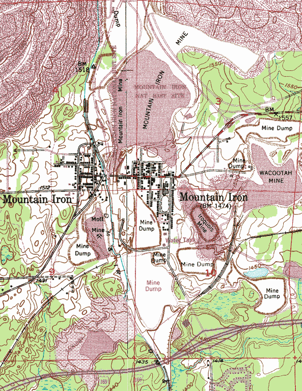 Topographic map of the Mountain Iron Minnesota area