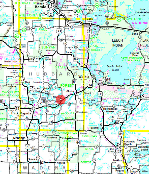Minnesota State Highway Map of the Nevis Minnesota area