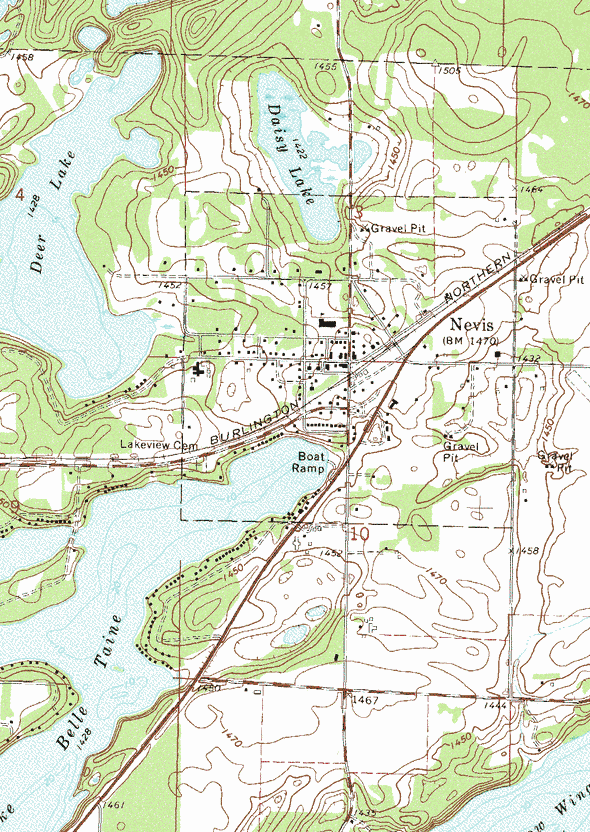 Topographic map of the Nevis Minnesota area