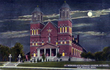 St. Wenceslaus Catholic Church at night, New Prague Minnesota, 1910?