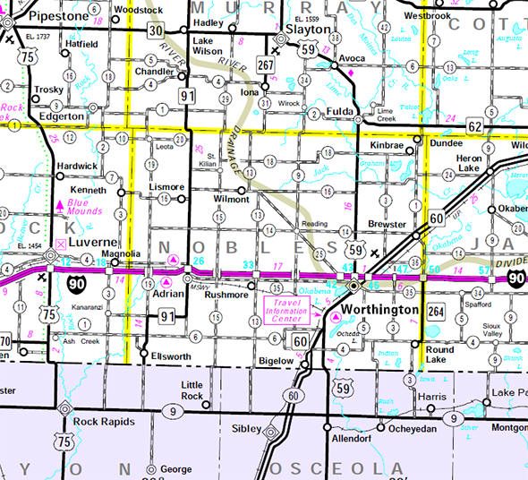 Minnesota State Highway Map of the Nobles County Minnesota area