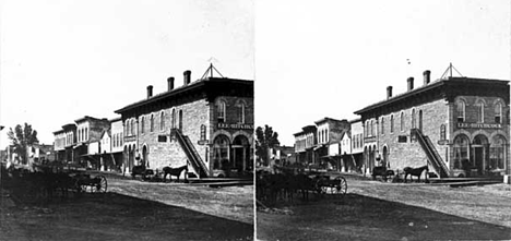 Stereograph view of Main Street and site of Northfield Bank Robbery, 1870
