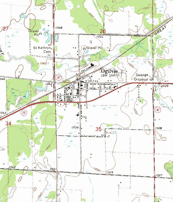 Topographic map of the Ogilvie Minnesota area