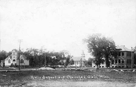 Public school and churches, Oslo Minnesota, 1910