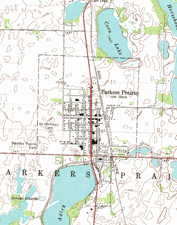 Topographic map of the Parkers Prairie Minnesota area