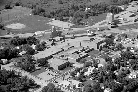 Aerial view, School, elevator and surrounding area, Pelican Rapids, 1972