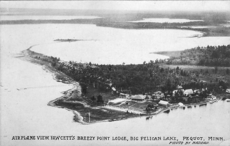 Aerial view, Fawcett's Breezy Point Lodge on Big Pelican Lake, Pequot Minnesota, 1930's?